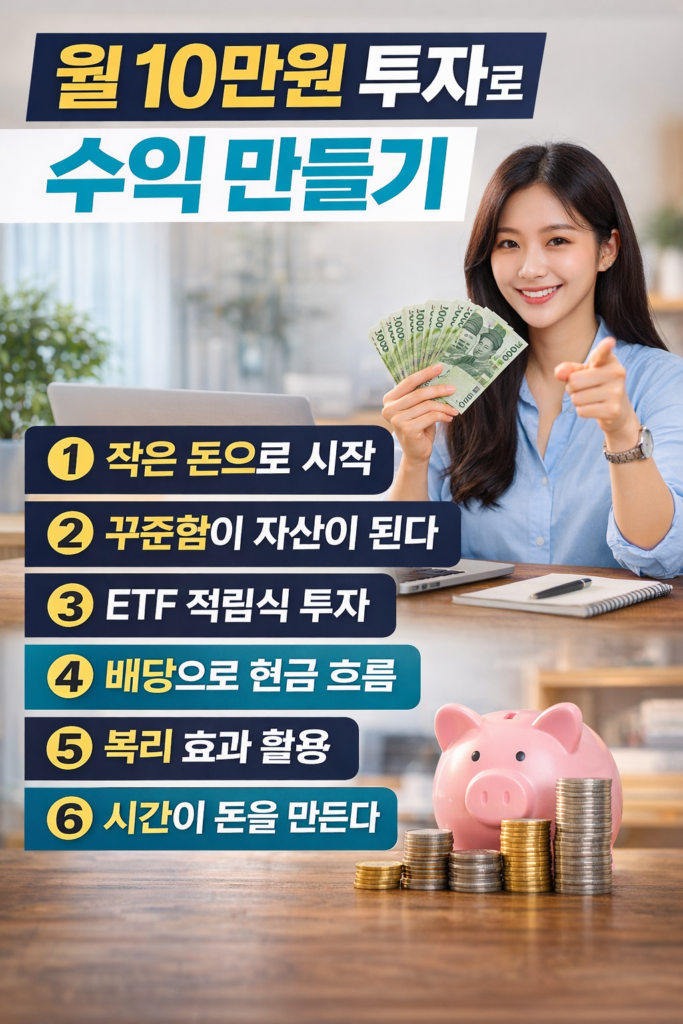 월 10만원 소액 투자로 자산을 만드는 방법을 정리한 재테크 인포그래픽 이미지 (ETF 적립식 투자, 배당 투자, 복리 효과 전략)