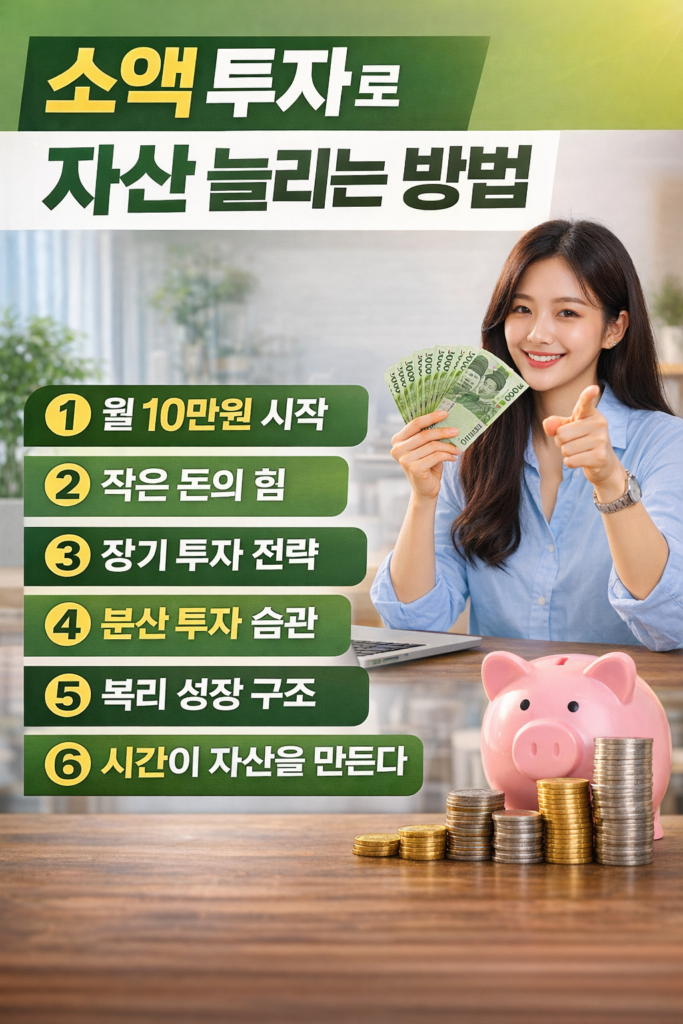월 10만원 소액 투자로 자산을 늘리는 방법을 정리한 재테크 인포그래픽 이미지 (장기 투자, ETF 투자, 복리 성장 전략)