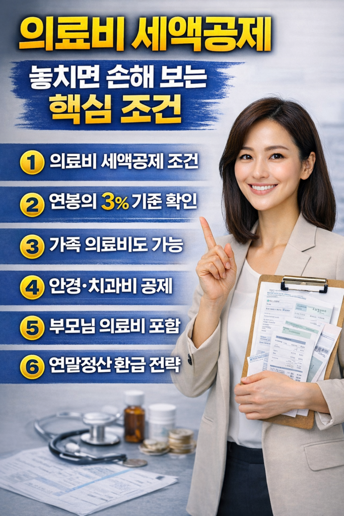 의료비 세액공제 조건과 연말정산 환급 전략을 설명하는 절세 정보 인포그래픽