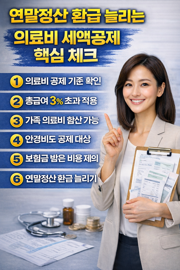 연말정산 환급을 늘리는 의료비 세액공제 조건과 공제 기준을 설명하는 절세 인포그래픽