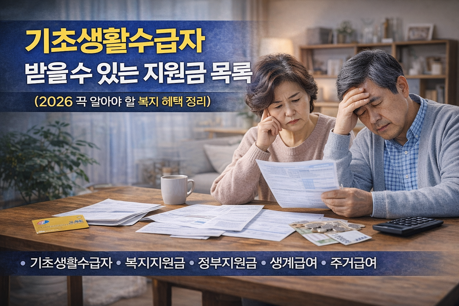 기초생활수급자가 받을 수 있는 지원금 목록을 설명하는 블로그 썸네일로, 가정집 테이블 위에 서류와 계산기, 동전이 놓여 있고 중년 부부가 정부 지원 관련 서류를 보며 고민하는 모습과 함께 “기초생활수급자 받을 수 있는 지원금 목록”이라는 문구가 강조된 복지 정보 이미지.