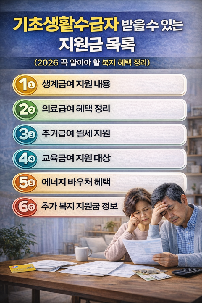 기초생활수급자가 받을 수 있는 지원금 종류를 6가지로 정리한 복지 인포그래픽으로, 생계급여 지원 내용, 의료급여 혜택, 주거급여 월세 지원, 교육급여 지원 대상, 에너지 바우처 혜택, 추가 복지 지원금 정보를 순서대로 설명한 정부 복지 정보 이미지.