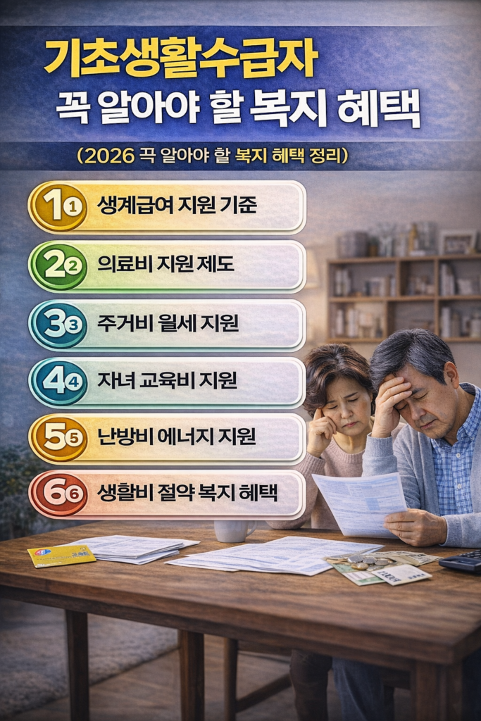 기초생활수급자가 받을 수 있는 주요 복지 혜택을 6가지로 정리한 인포그래픽으로, 생계급여 지원 기준, 의료비 지원 제도, 주거비 월세 지원, 자녀 교육비 지원, 난방비 에너지 지원, 생활비 절약 복지 혜택을 단계별로 설명한 정부 복지 정보 이미지.