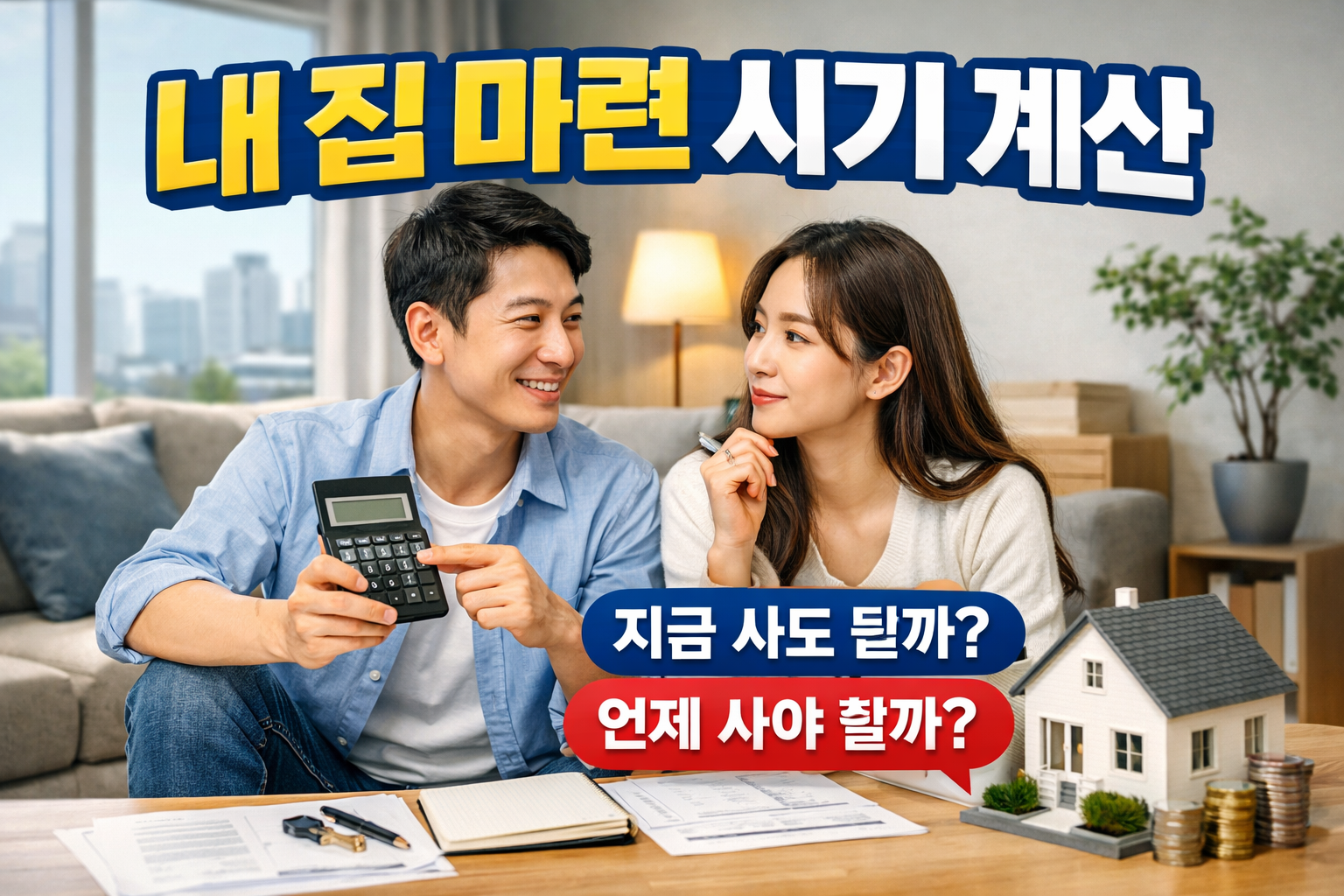 내 집 마련 시기를 계산하는 방법을 고민하는 부부가 계산기와 집 모형을 보며 부동산 구매 계획을 세우는 모습