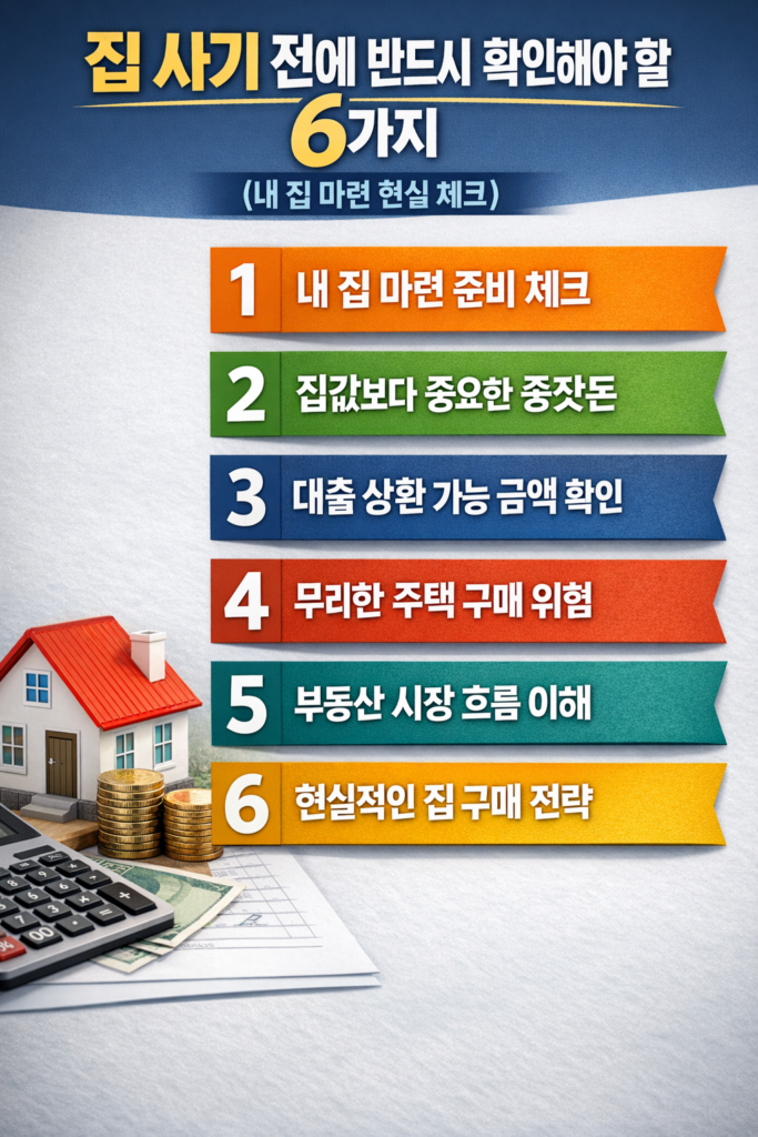 집 사기 전에 반드시 확인해야 할 6가지 체크리스트를 정리한 부동산 인포그래픽으로 종잣돈, 대출 상환 능력, 부동산 시장 흐름 등을 설명하는 이미지