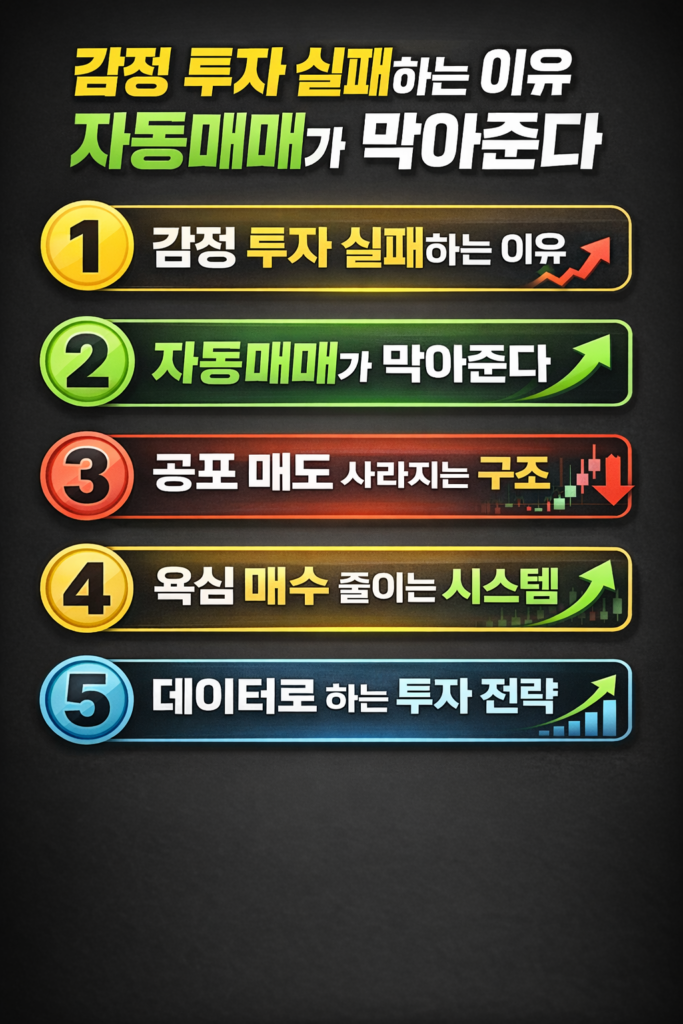 자동매매 시스템이 감정 투자를 막아주는 이유 5가지를 설명하는 투자 전략 인포그래픽 이미지