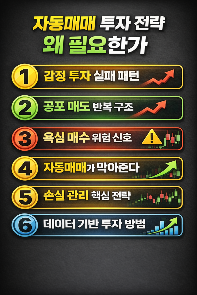 자동매매 투자 전략이 왜 필요한지 설명하는 6단계 투자 인포그래픽 이미지