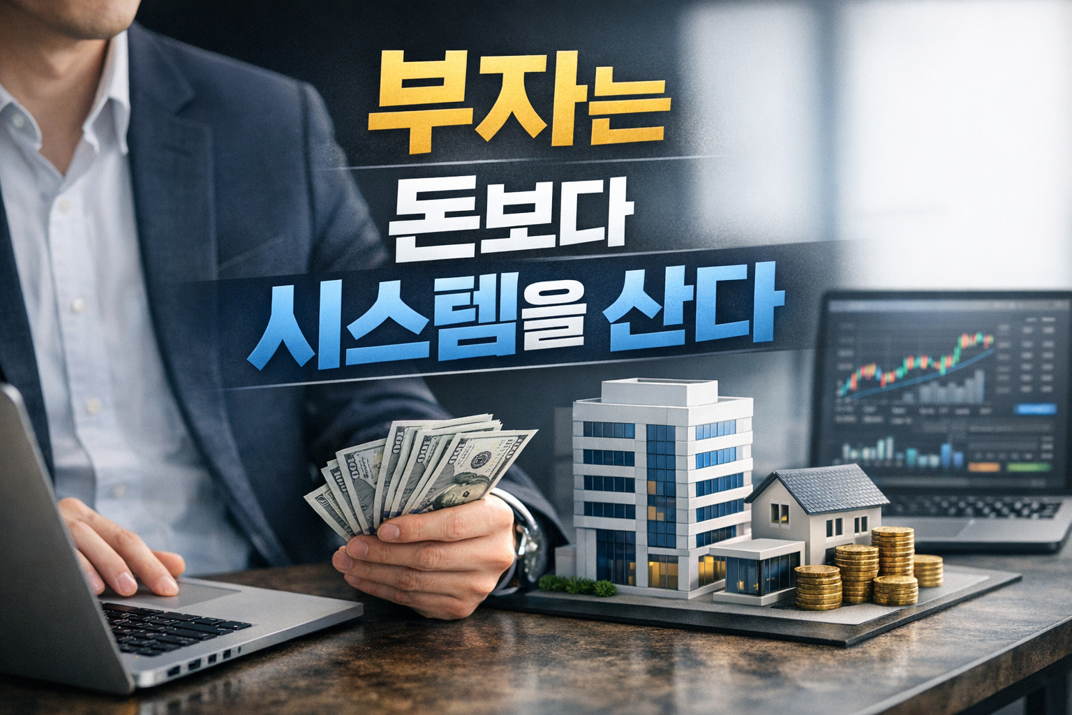 부자는 돈보다 시스템을 산다는 메시지를 강조하며 현금과 노트북, 부동산 모형이 함께 배치된 재테크 썸네일 이미지