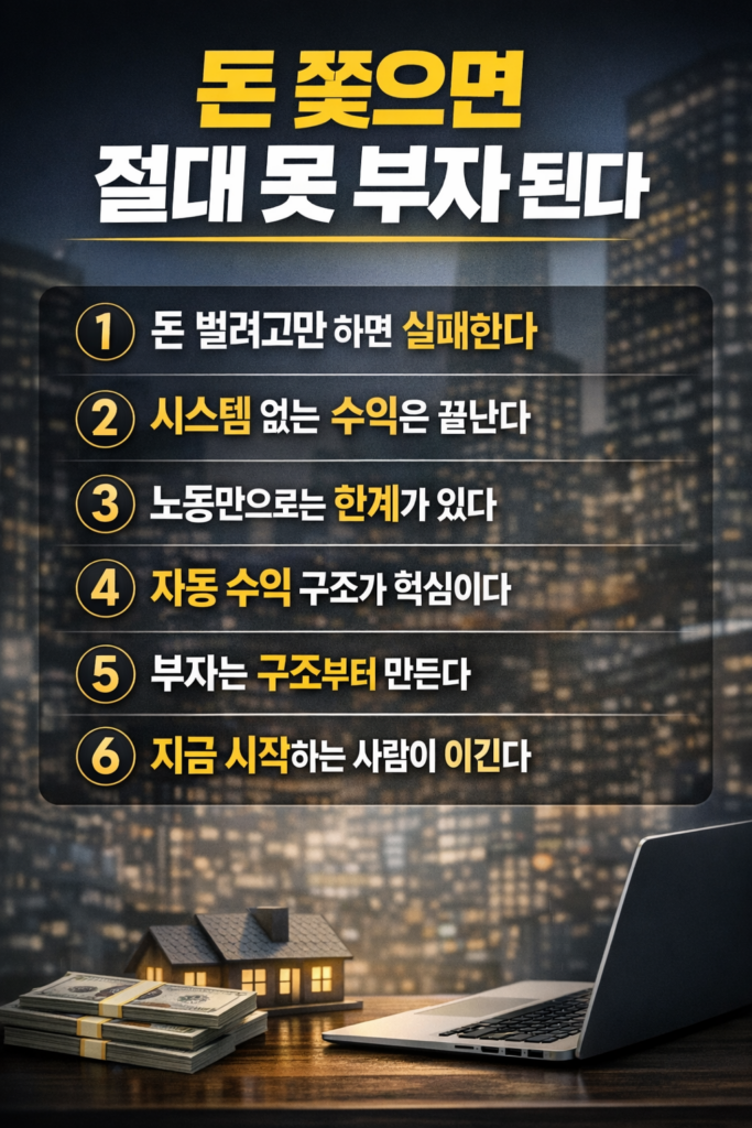 부자가 되는 핵심은 돈이 아닌 시스템이라는 메시지를 6가지 원칙으로 정리한 재테크 인포그래픽 이미지