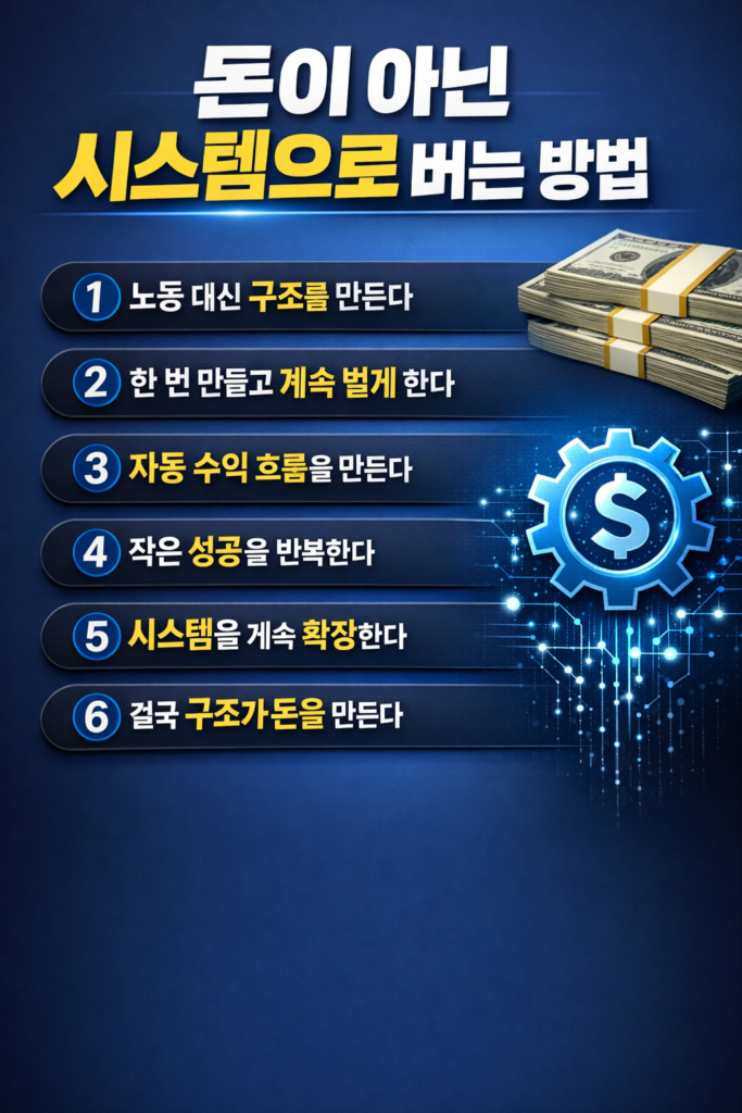 돈이 아닌 시스템으로 수익을 만드는 방법을 6단계로 정리한 재테크 인포그래픽 이미지