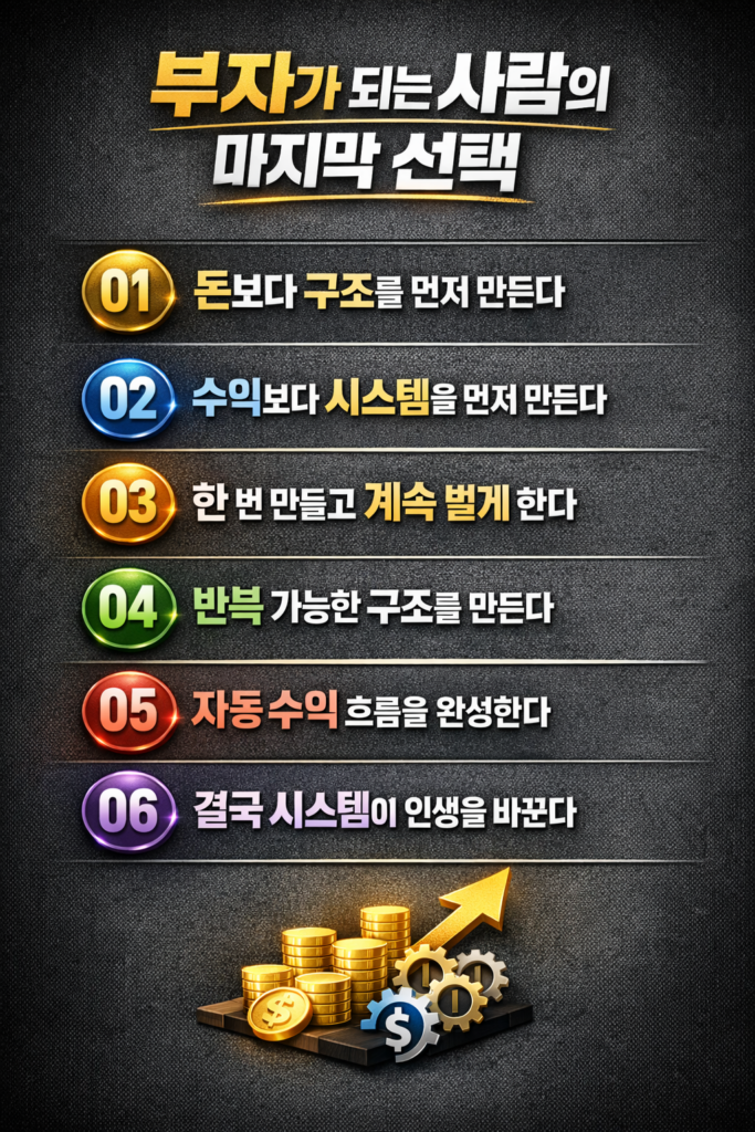 부자가 되는 핵심은 돈이 아니라 시스템이라는 메시지를 6가지 원칙으로 정리한 재테크 인포그래픽 이미지