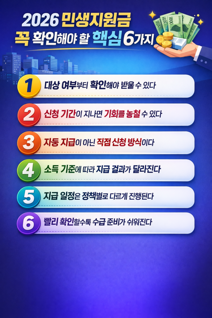 2026 민생지원금 핵심 6가지 인포그래픽으로 대상 확인, 신청 기간, 직접 신청 방식, 소득 기준, 지급 일정, 빠른 확인 중요성을 강조한 현대적 디자인