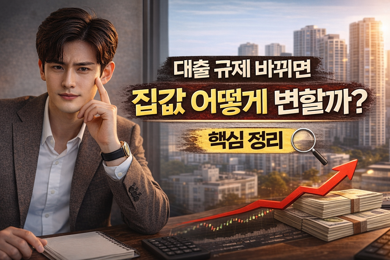 정장을 입은 젊은 한국 남성이 고민하는 표정으로 앉아 있고 아파트 단지 배경과 상승 그래프, ‘대출 규제 바뀌면 집값 어떻게 변할까 핵심 정리’ 문구가 포함된 부동산 썸네일 이미지