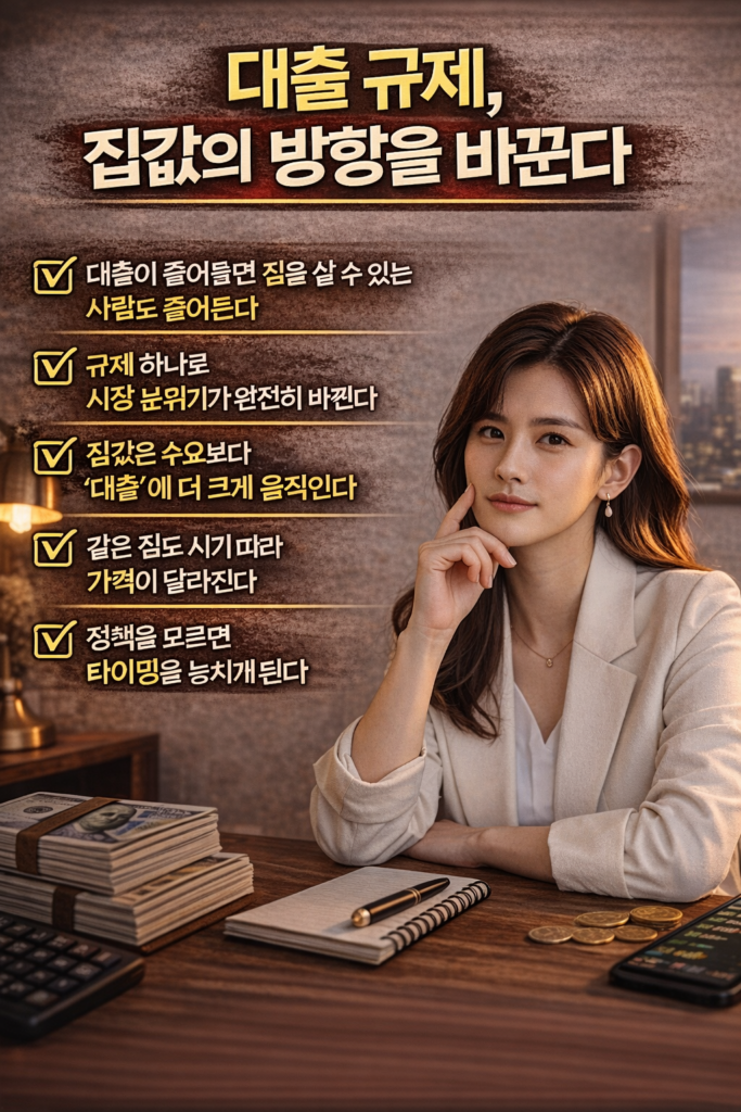 밝은 옷을 입은 젊은 한국 여성이 미소를 지으며 생각하는 포즈를 취하고 있고 ‘대출 규제 집값의 방향을 바꾼다’와 부동산 관련 핵심 문구가 포함된 인포그래픽 이미지