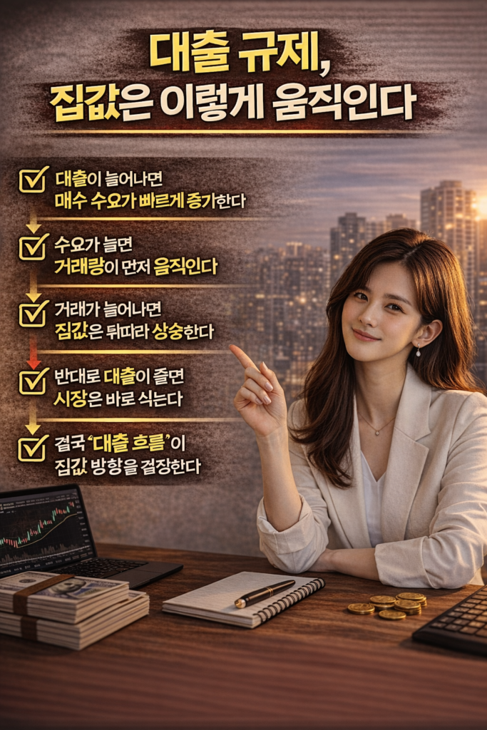 밝은 옷을 입은 젊은 한국 여성이 손가락으로 포인트를 강조하는 포즈를 취하고 있고 ‘대출 규제 집값은 이렇게 움직인다’와 6가지 핵심 흐름 문구가 포함된 부동산 인포그래픽 이미지