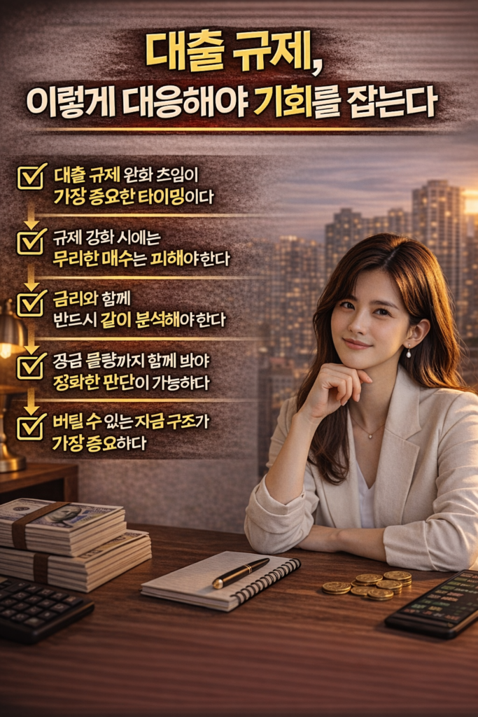 밝은 옷을 입은 젊은 한국 여성이 여유 있는 표정으로 앉아 있고 ‘대출 규제 이렇게 대응해야 기회를 잡는다’와 부동산 투자 전략 문구가 포함된 인포그래픽 이미지
