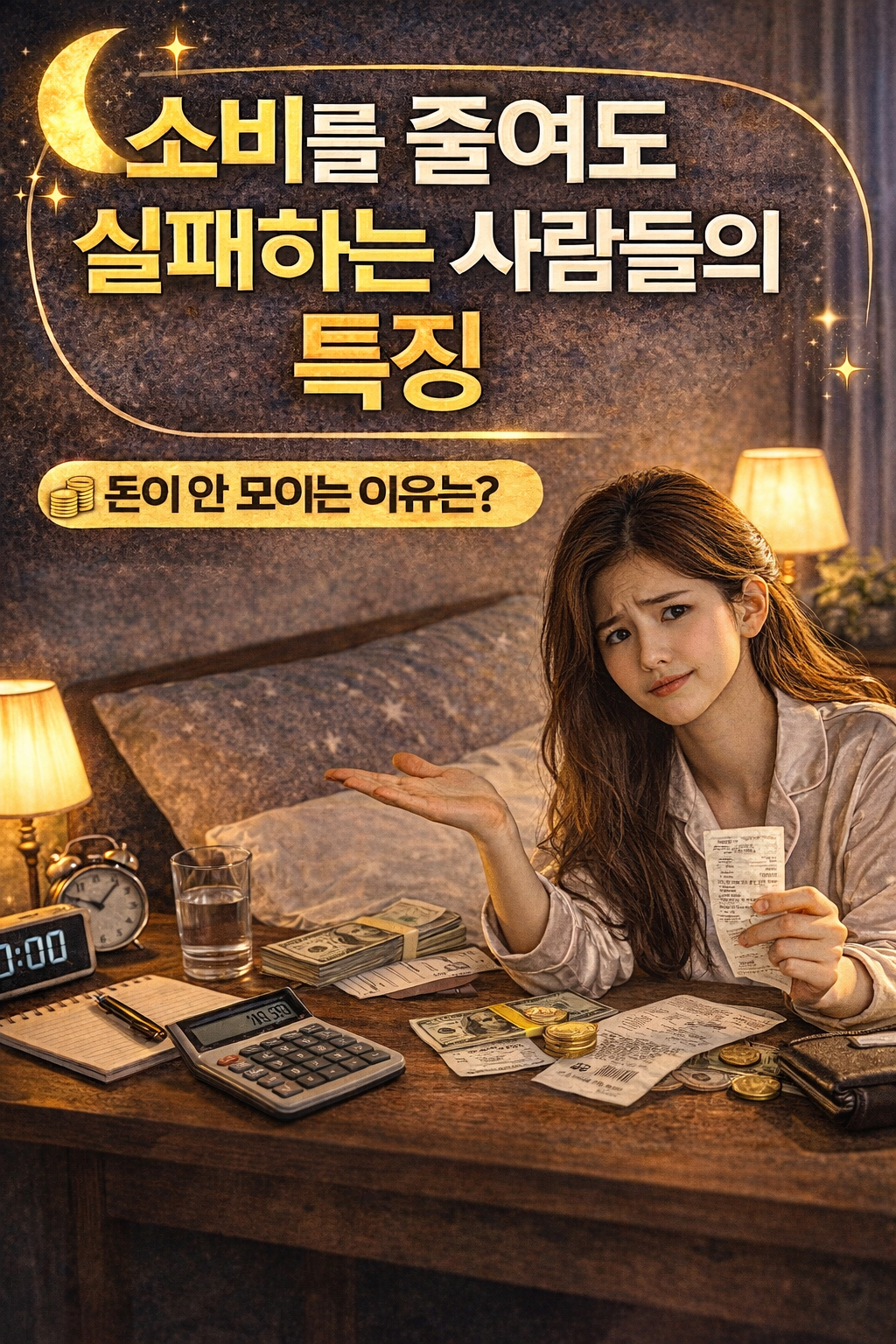 잠옷을 입은 여성이 영수증과 돈을 들고 의아한 표정으로 손을 들어 보이며 계산기와 현금이 놓인 책상 앞에 앉아 있는 소비 문제 썸네일