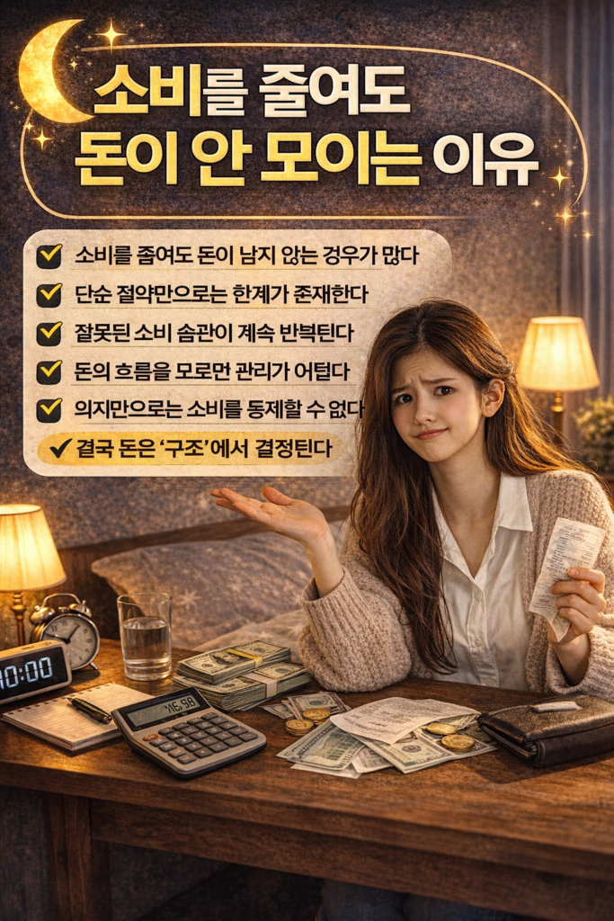 어두운 방에서 캐주얼 니트를 입은 여성이 영수증과 현금을 들고 의아한 표정으로 손을 펼치며 계산기와 돈이 놓인 책상 앞에 앉아 있는 소비 문제 인포그래픽