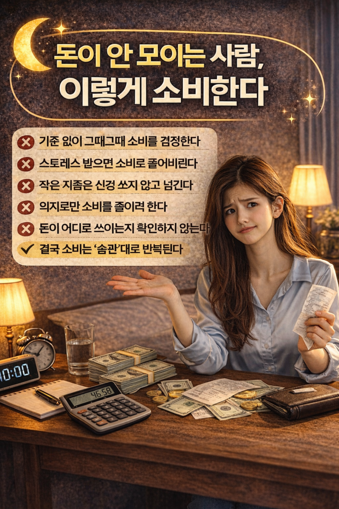 어두운 방에서 파란 셔츠를 입은 여성이 영수증을 들고 의아한 표정으로 손을 펼치며 계산기와 현금이 놓인 책상 앞에 앉아 있는 소비 습관 인포그래픽