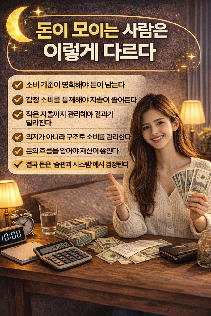 밝은 실내에서 캐주얼 니트를 입은 여성이 웃으며 현금을 들고 엄지를 올리는 모습과 계산기, 돈, 통장이 놓인 책상 위 장면의 소비 습관 개선 인포그래픽