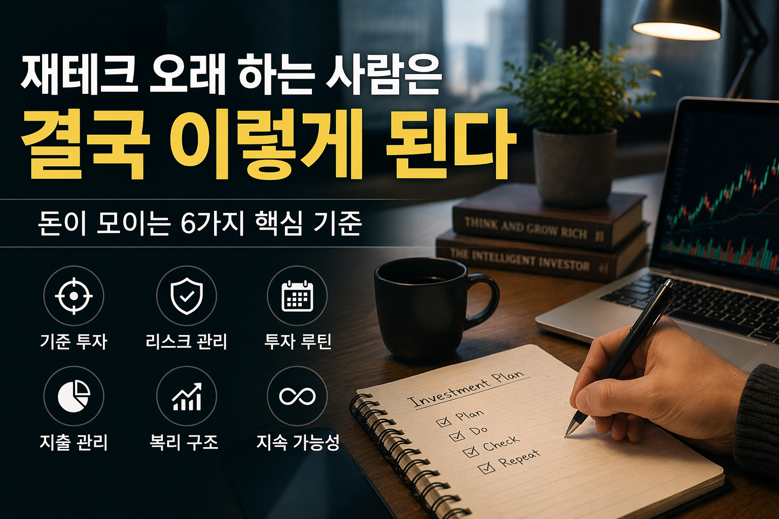 노트에 투자 계획을 작성하는 손과 노트북 화면의 상승 그래프, 그리고 ‘재테크 오래 하는 사람은 결국 이렇게 된다’라는 문구가 강조된 현대적인 재테크 썸네일 이미지