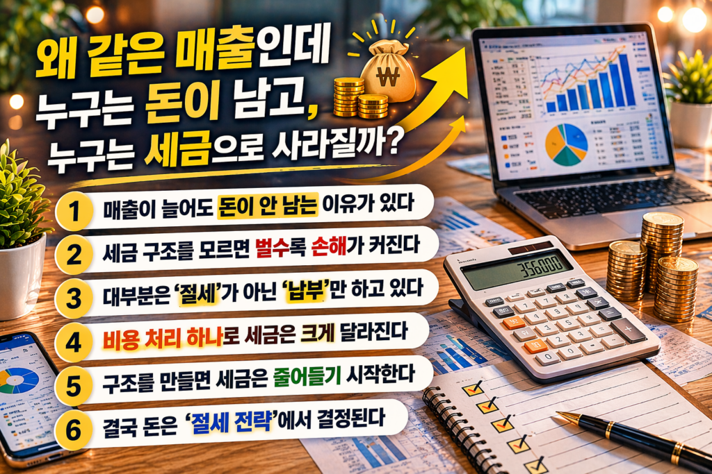 노트북에 재무 그래프가 표시된 현대적인 사무실 책상 위에 계산기, 서류, 커피컵이 놓여 있고 “왜 같은 매출인데 누구는 돈이 남고, 누구는 세금으로 사라질까?”라는 질문과 절세 핵심 6가지 문구가 정리된 인포그래픽 이미지