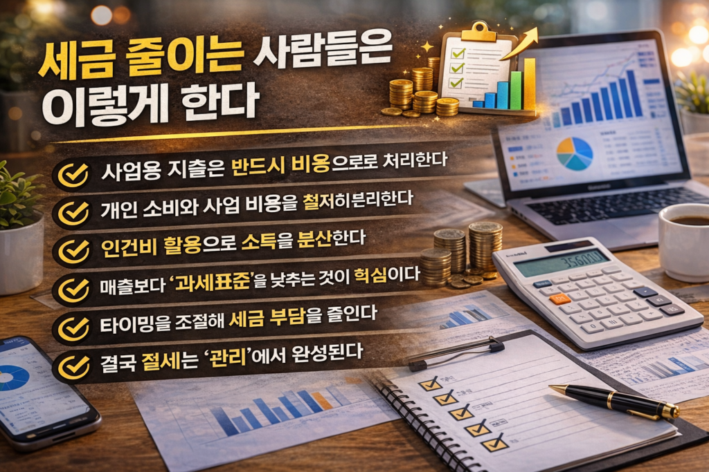 노트북에 재무 그래프가 표시된 현대적인 사무실 책상 위에 계산기, 동전, 서류가 정리되어 있고 “세금 줄이는 사람들은 이렇게 한다”라는 제목과 함께 절세 실천 방법 6가지가 체크리스트 형태로 구성된 인포그래픽 이미지