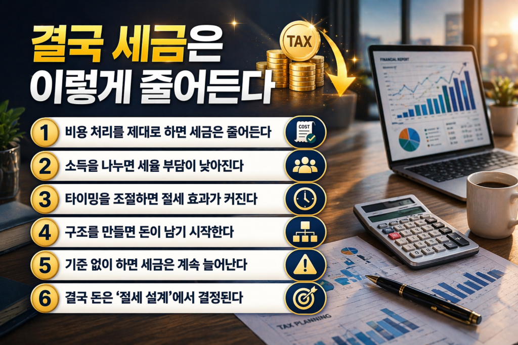 노트북에 재무 그래프가 표시된 현대적인 사무실 책상 위에 계산기, 서류, 커피잔이 놓여 있고 “결국 세금은 이렇게 줄어든다”라는 제목과 함께 절세 핵심 전략 6가지가 번호 리스트 형태로 정리된 인포그래픽 이미지