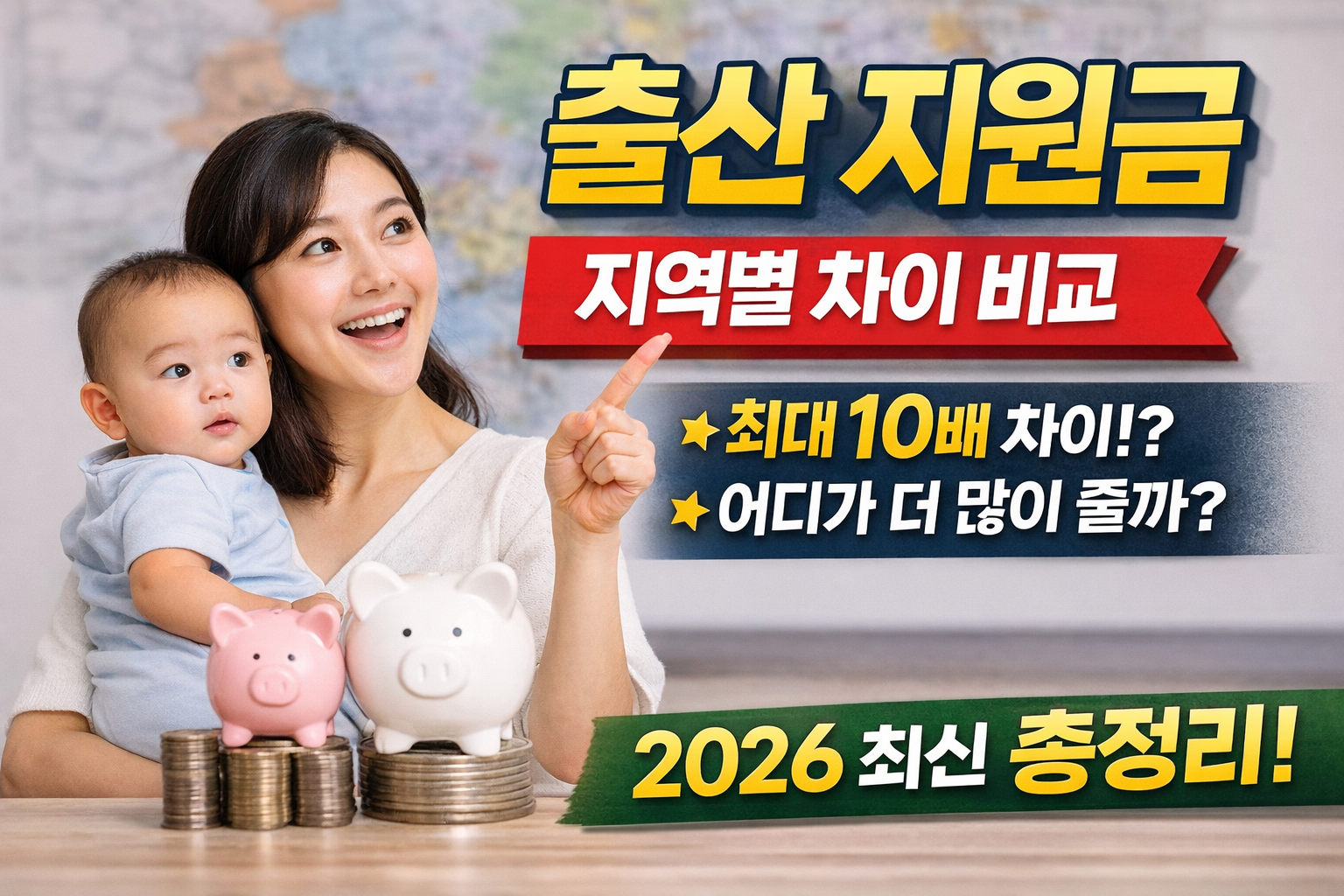 아기를 안고 있는 밝은 표정의 엄마가 출산 지원금을 강조하며 손으로 가리키고 있고, 앞에는 돼지저금통과 동전이 쌓여 있으며 “출산 지원금 지역별 차이 비교, 최대 10배 차이” 문구가 강조된 썸네일 이미지