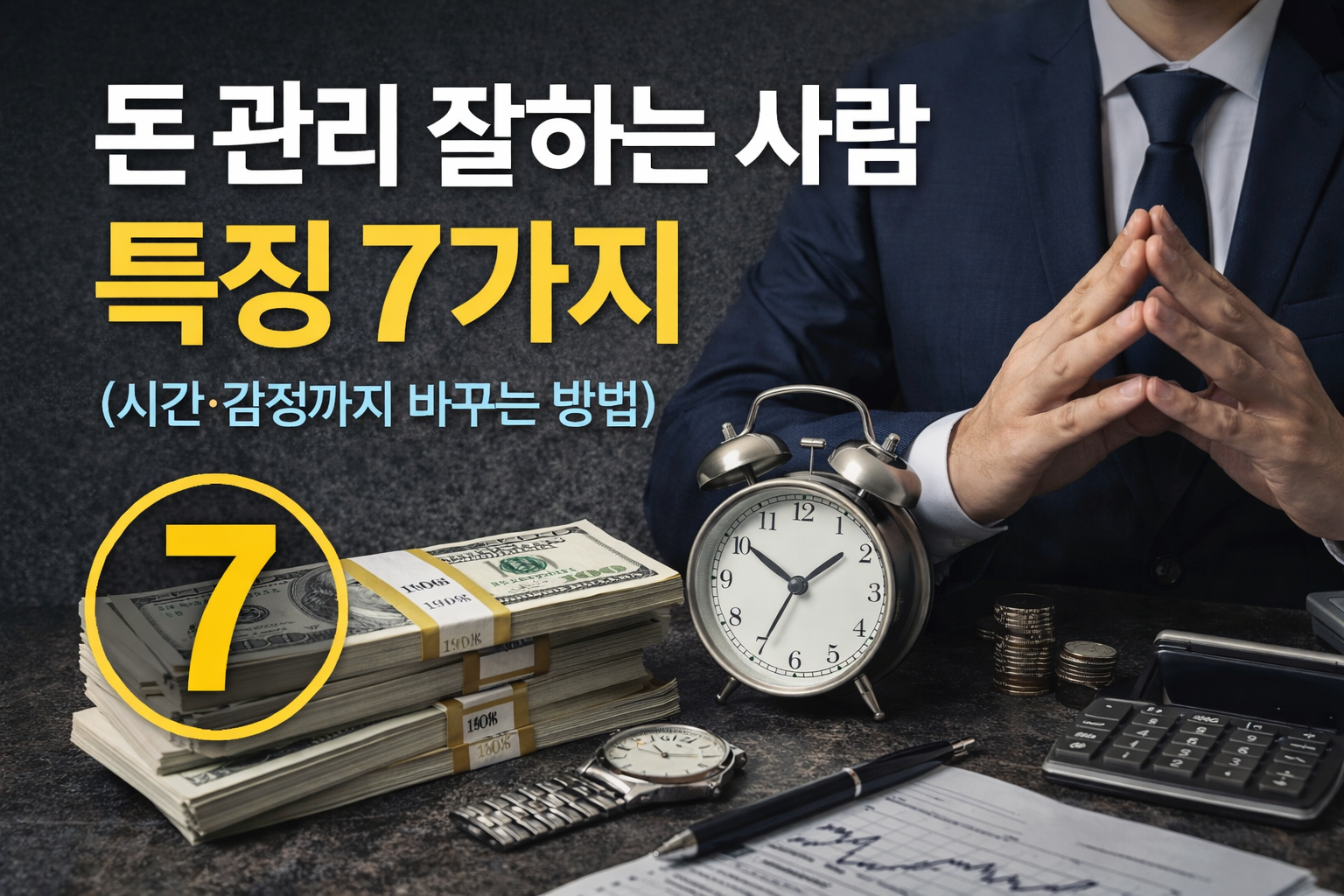 돈 관리 잘하는 사람들의 핵심 특징 7가지를 한눈에 보여주는 썸네일 이미지