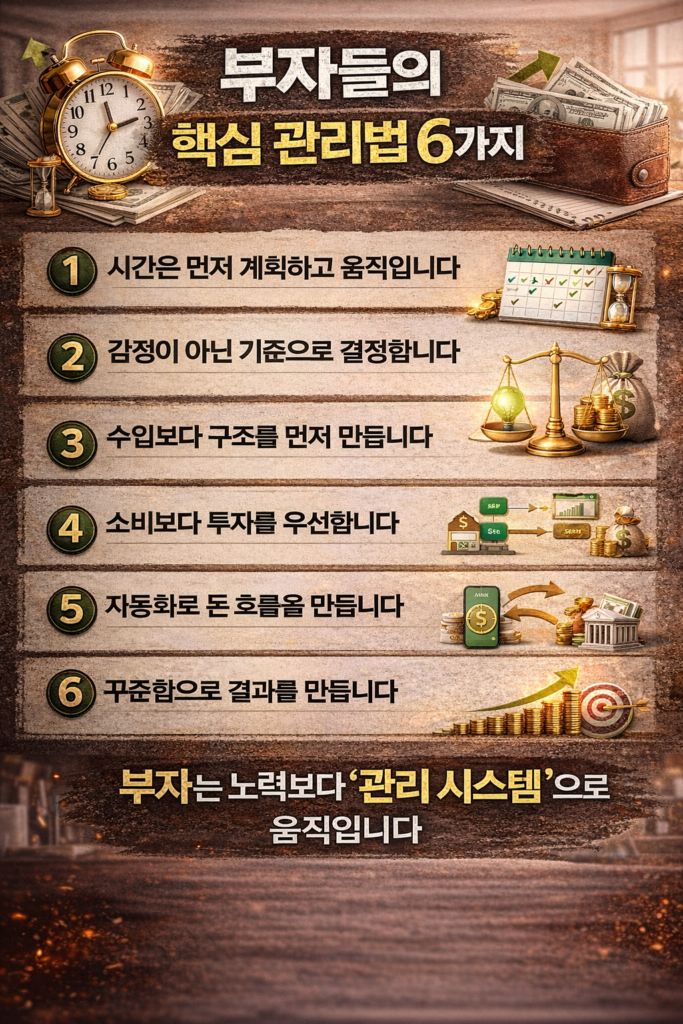 부자들의 시간·감정·돈 관리 핵심 방법 6가지를 정리한 인포그래픽으로, 시계·돈·저축·투자 아이콘과 함께 계획, 기준, 구조, 투자, 자동화, 꾸준함의 중요성을 강조한 이미지