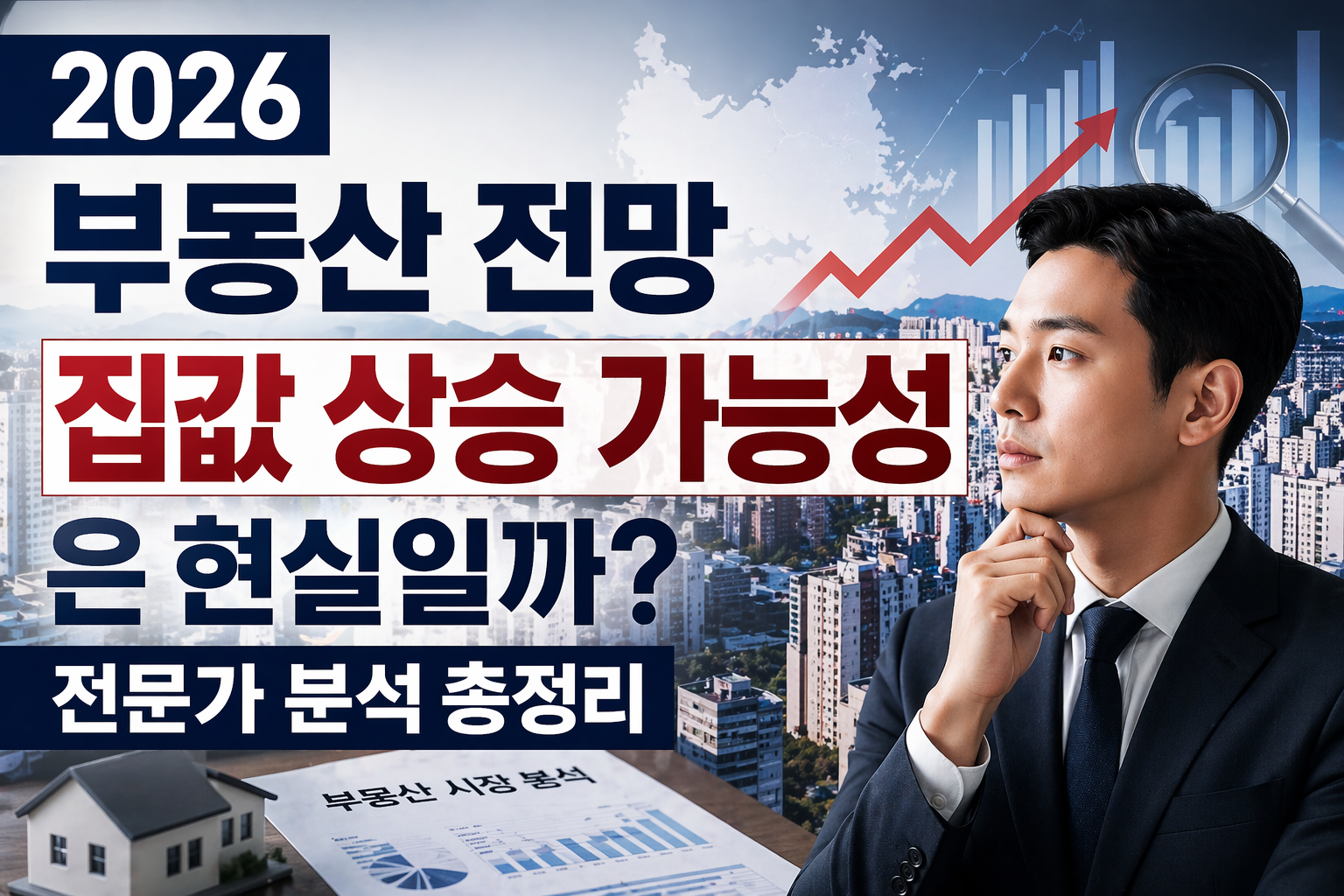 2026 부동산 전망을 주제로 한 썸네일로, 도시 아파트 배경과 상승 그래프, ‘집값 상승 가능성’ 문구와 함께 분석하는 남성이 등장하는 이미지