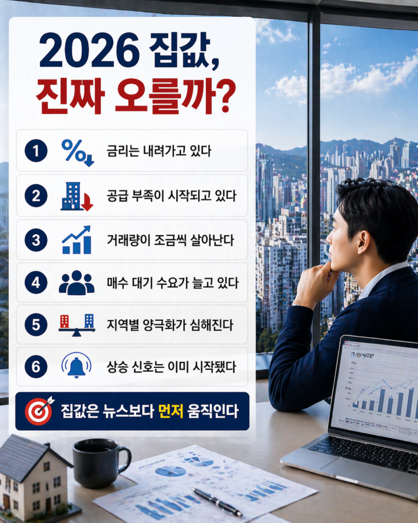 2026 집값 상승 가능성을 분석한 인포그래픽과 함께 도시 전경을 바라보며 고민하는 남성이 등장하는 부동산 전망 이미지