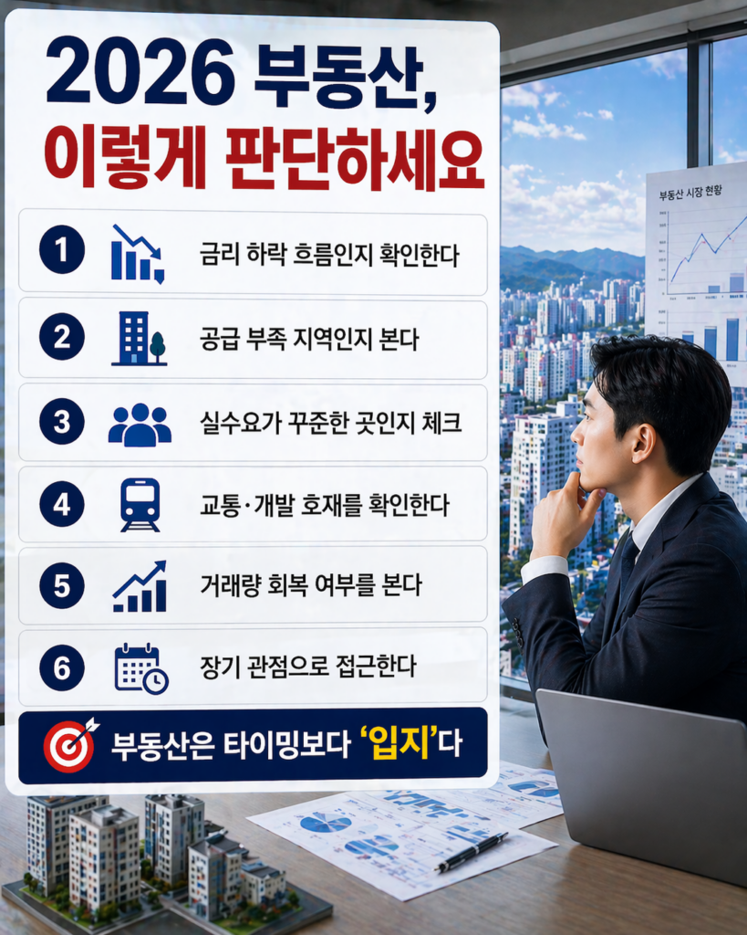 2026 부동산 투자 판단 기준 6가지를 정리한 인포그래픽과 함께 도시 전경을 바라보며 고민하는 남성이 등장하는 분석형 이미지