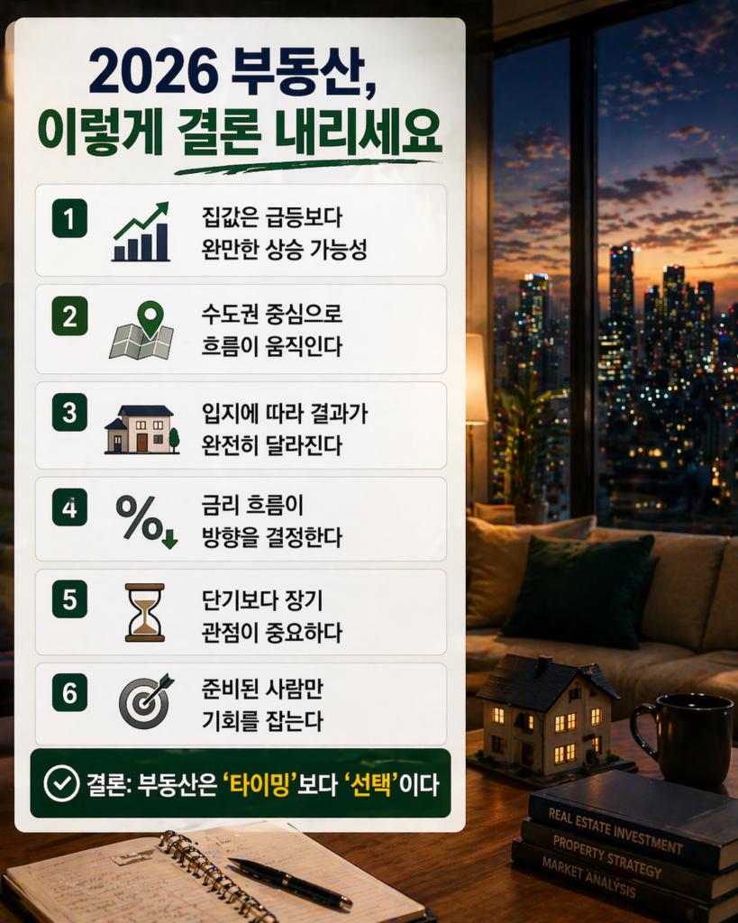 2026 부동산 시장 결론을 정리한 인포그래픽과 함께 고층 아파트 도시 전경을 바라보며 투자 판단을 고민하는 남성이 등장하는 이미지