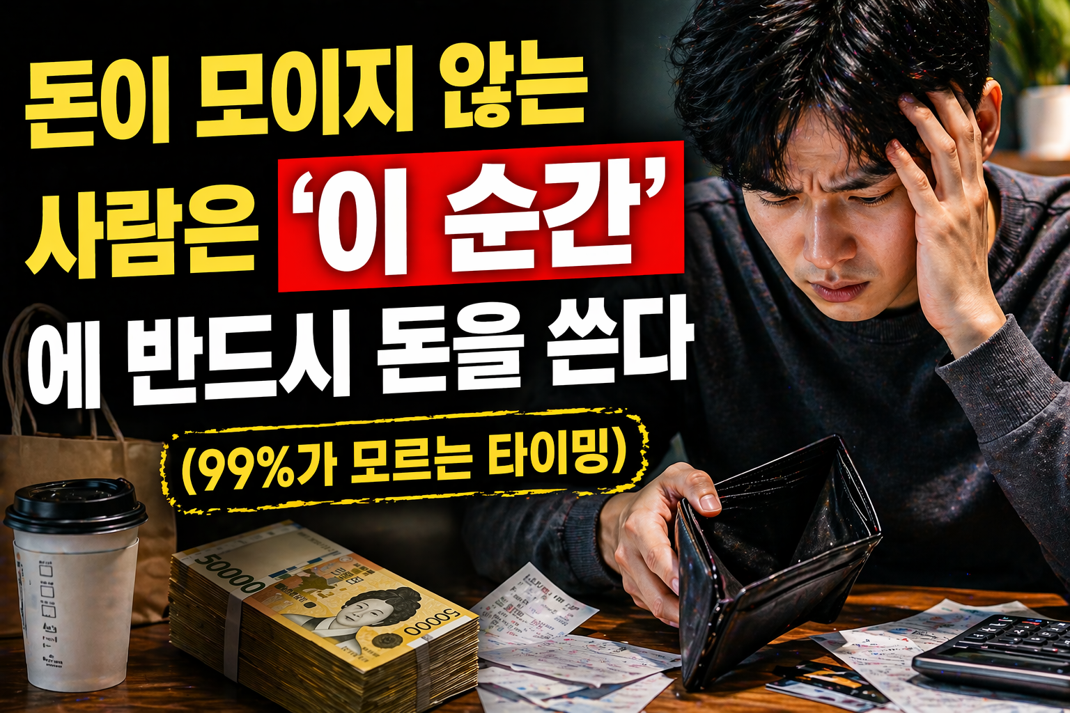 돈이 모이지 않는 이유를 주제로, 지갑을 들여다보며 고민하는 남성과 현금, 영수증, 계산기가 함께 놓인 현실적인 재테크 상황을 보여주는 썸네일 이미지