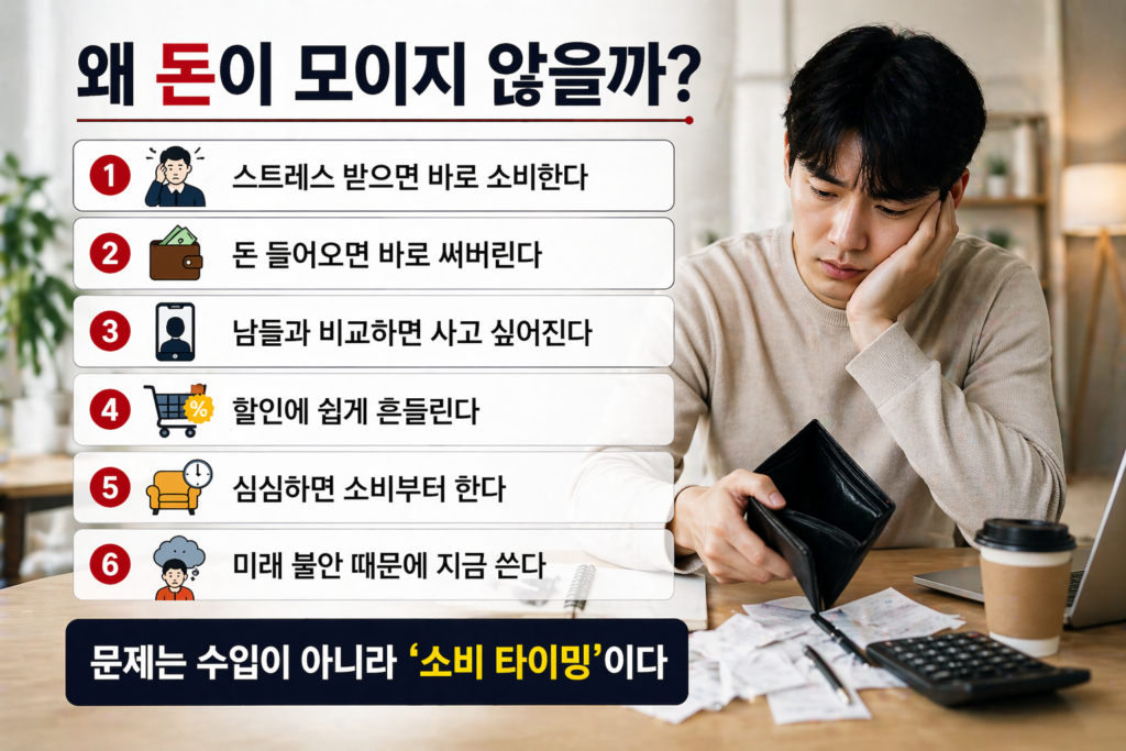 지갑을 확인하며 고민하는 남성과 함께 돈이 모이지 않는 이유를 6가지 소비 패턴으로 정리한 인포그래픽 이미지