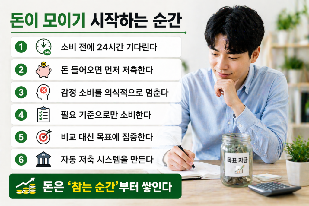 저축 계획을 세우며 목표 자금을 모으는 남성과 함께 돈이 모이기 시작하는 행동 6가지를 정리한 인포그래픽 이미지