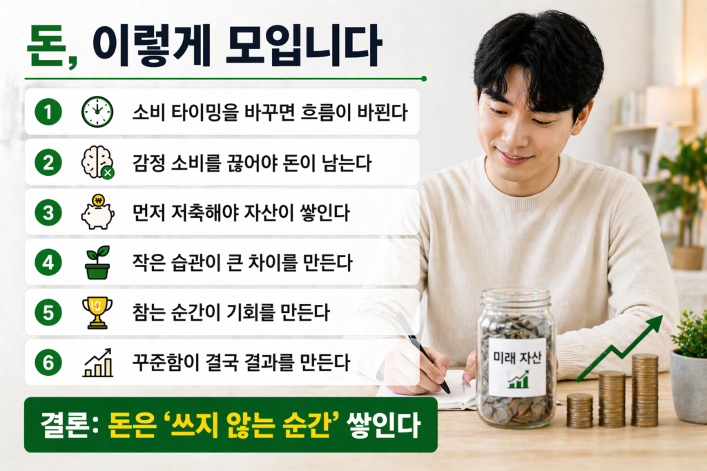 저축을 실천하며 미래 자산을 모으는 남성과 함께 돈이 모이는 핵심 습관 6가지를 정리한 인포그래픽 이미지