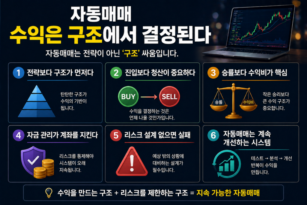 자동매매 수익은 구조에서 결정된다는 메시지를 중심으로, 전략보다 구조, 청산 중요성, 수익비, 자금 관리, 리스크 설계, 지속 개선 등 6가지 핵심 요소를 시각적으로 정리한 알고리즘 트레이딩 인포그래픽 이미지