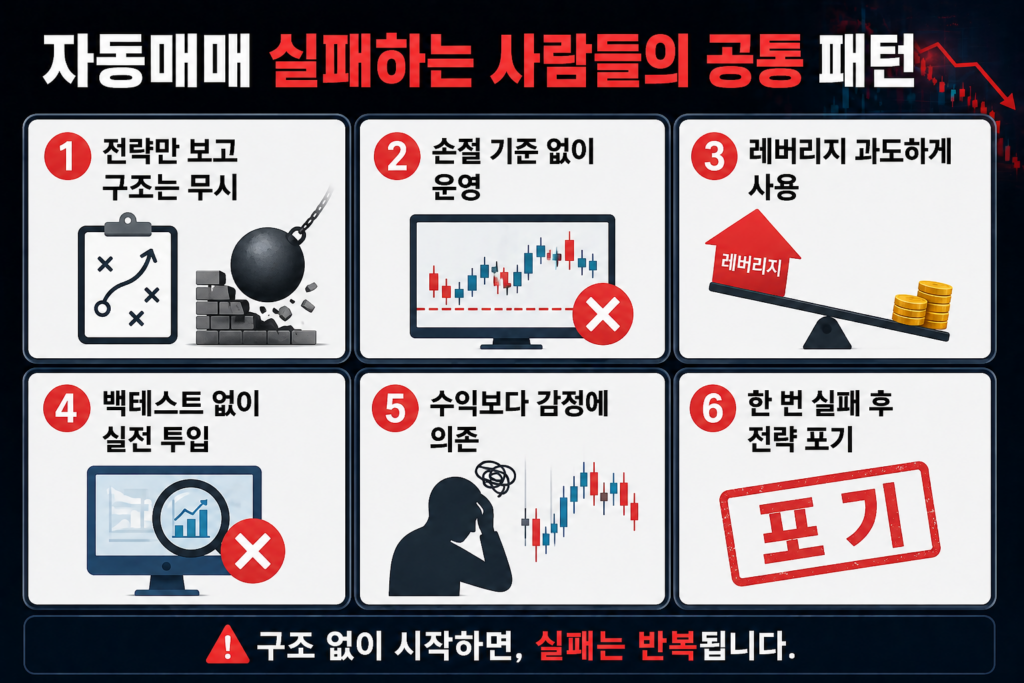 자동매매에서 실패하는 사람들의 공통 패턴을 정리한 인포그래픽으로, 구조 무시, 손절 없는 운영, 과도한 레버리지, 백테스트 부족, 감정 의존, 전략 포기 등 6가지 실패 원인을 시각적으로 보여주는 이미지