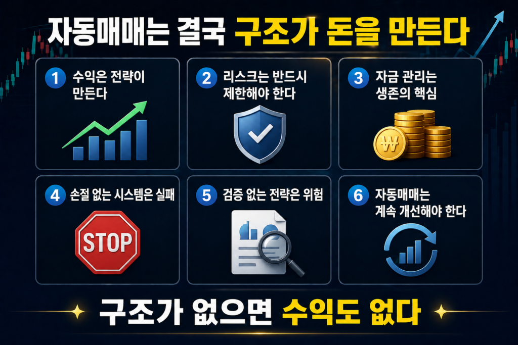 자동매매는 구조가 돈을 만든다는 메시지를 중심으로, 수익, 리스크 관리, 자금 관리, 손절 기준, 전략 검증, 지속 개선 등 6가지 핵심 요소를 정리한 알고리즘 트레이딩 결론 인포그래픽 이미지