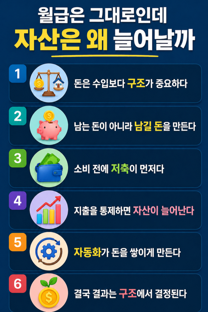 월급은 그대로인데 자산이 늘어나는 이유를 설명하는 인포그래픽으로, 수입보다 구조의 중요성, 선저축 후소비, 지출 통제, 자동화, 결과는 구조에서 결정된다는 6가지 핵심 내용을 어두운 배경 위에 강조한 이미지
