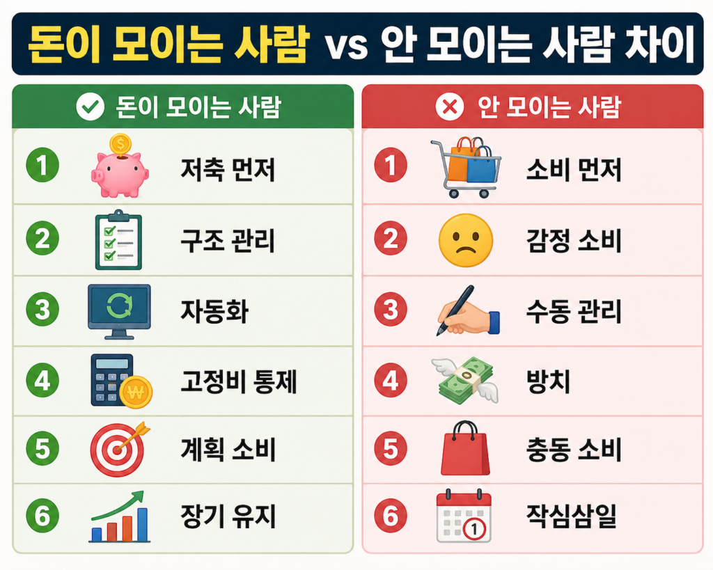 돈이 모이는 사람과 안 모이는 사람의 차이를 비교한 인포그래픽으로, 저축 먼저, 구조 관리, 자동화, 고정비 통제, 계획 소비, 장기 유지와 소비 먼저, 감정 소비, 수동 관리, 방치, 충동 소비, 작심삼일 등의 행동 차이를 시각적으로 보여주는 이미지