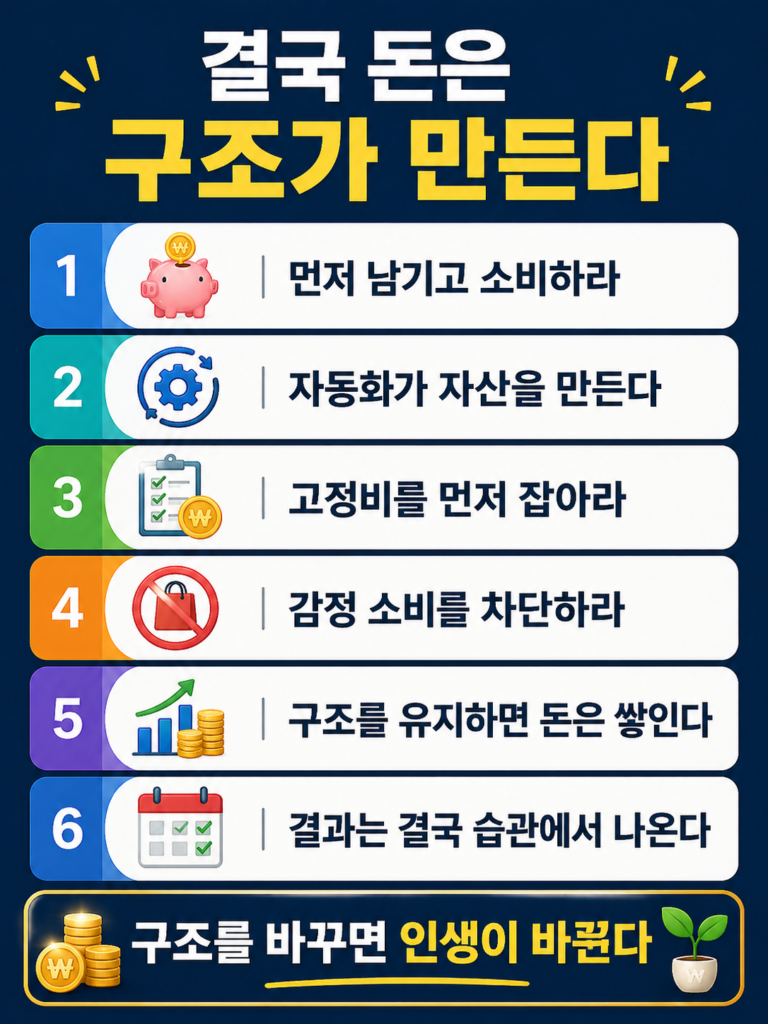 돈은 구조가 만든다는 메시지를 중심으로, 선저축 후소비, 자동화, 고정비 관리, 감정 소비 차단, 구조 유지, 습관 형성 등 자산을 만드는 핵심 행동 6가지를 정리한 결론 인포그래픽 이미지
