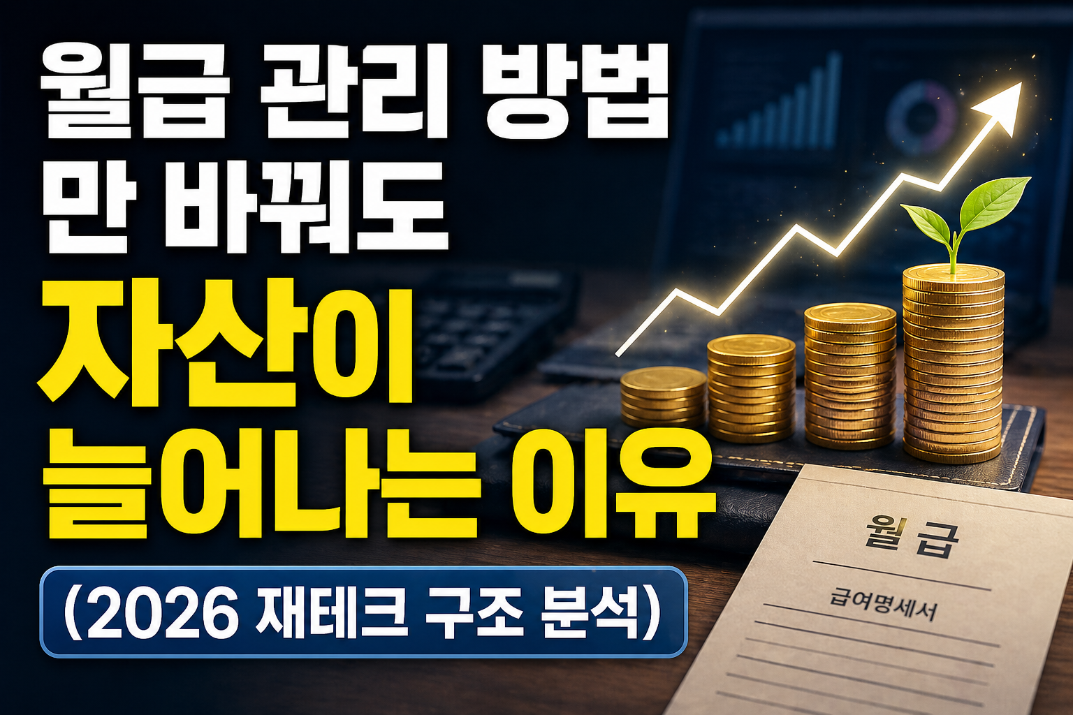 월급 관리 방법을 바꾸면 자산이 늘어나는 과정을 표현한 썸네일 이미지로, 책상 위 급여명세서와 동전이 쌓이며 상승 그래프가 함께 나타나 자산 증가와 재테크 구조를 강조한 장면