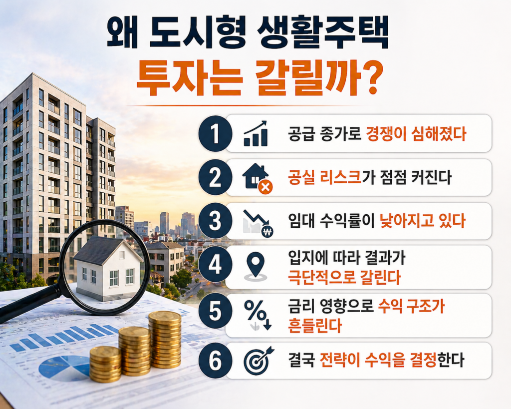 도시형 생활주택과 도시 전경, 투자 그래프와 동전이 있는 배경 위에 ‘왜 도시형 생활주택 투자는 갈릴까?’라는 제목과 함께 투자 리스크와 수익 구조 변화 6가지가 정리된 인포그래픽 이미지