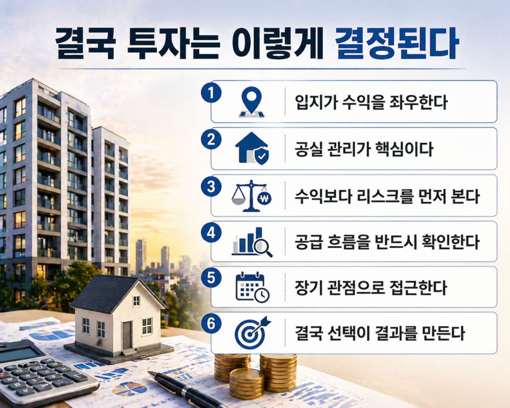 도시형 생활주택 건물과 도시 전경, 투자 차트와 동전이 있는 배경 위에 ‘결국 투자는 이렇게 결정된다’라는 제목과 함께 부동산 투자 핵심 기준 6가지가 정리된 인포그래픽 이미지