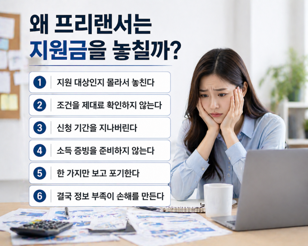 프리랜서 여성이 책상 앞에서 고민하는 모습과 함께 ‘왜 프리랜서는 지원금을 놓칠까?’라는 제목 아래 지원금 신청 시 놓치는 이유 6가지가 정리된 인포그래픽 이미지