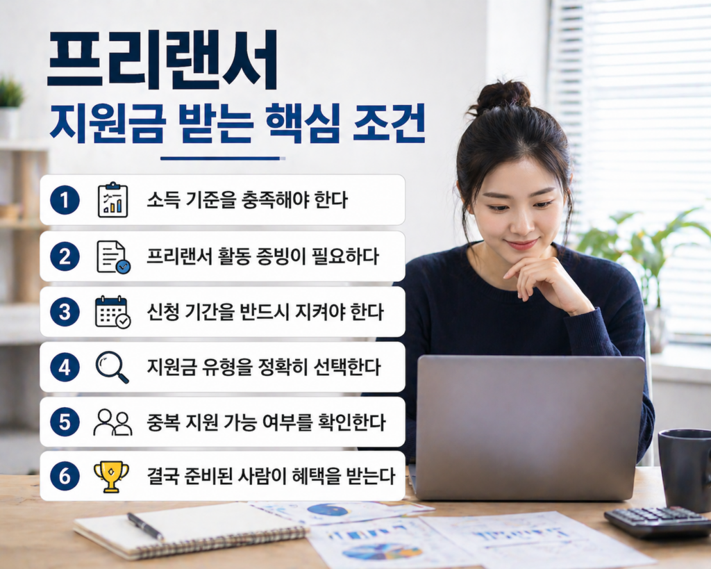 프리랜서가 노트북과 서류를 보며 지원금 신청을 준비하는 모습과 함께 ‘프리랜서 지원금 받는 핵심 조건’ 제목 아래 6가지 조건이 정리된 인포그래픽 이미지